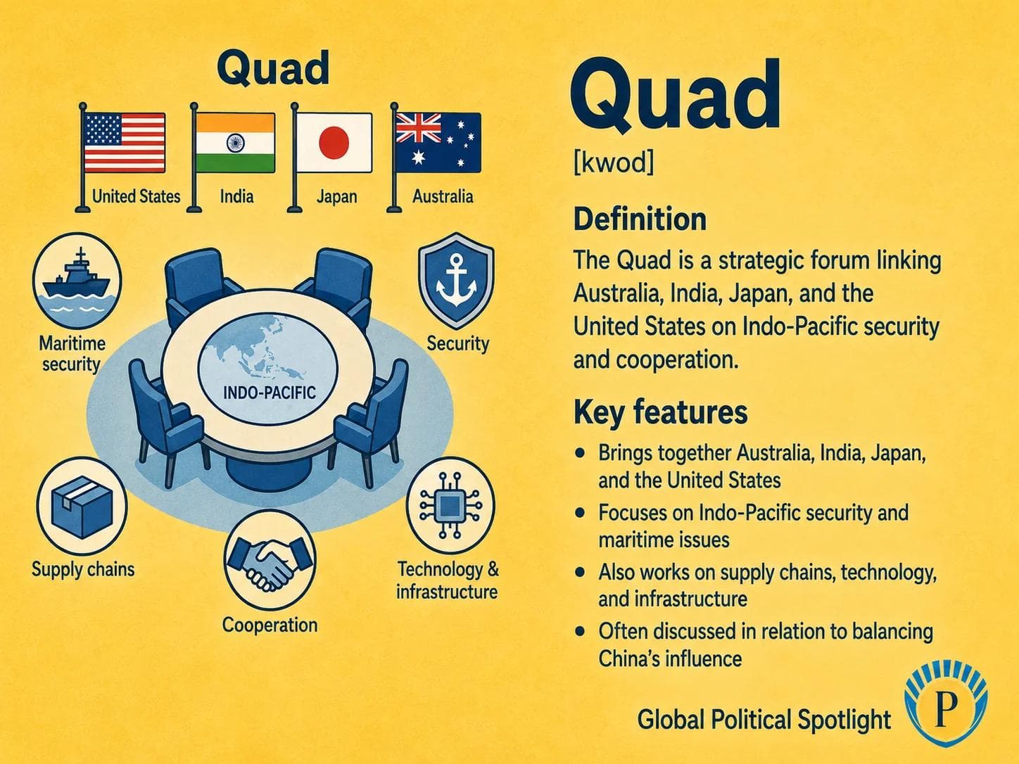 Educational geopolitical infographic explaining the Quad as a strategic dialogue among the United States, India, Japan, and Australia, showing Indo-Pacific maritime security, China-related balancing, supply-chain resilience, technology cooperation, infrastructure finance, vaccine and climate initiatives, and its non-alliance character.