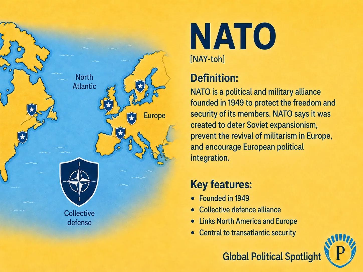 Educational geopolitical infographic showing NATO as a transatlantic military alliance, with simplified labels for member states, Article 5 collective defense, deterrence, the United States role, European security, enlargement, interoperability, NATO eastern flank, and Russia-related security concerns.